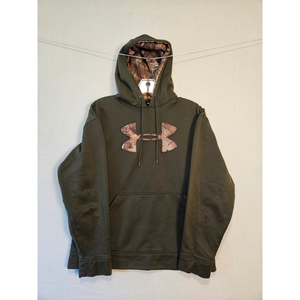 Under Armour Storm Hoodie Mens Small Olive Green Camo Logo Pullover Sweatshirt